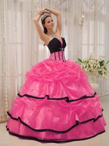 Hot Pink and Black Ball Gown Strapless Floor-length Satin and Organza Beading Quinceanera Dress