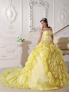 Yellow Ball Gown Strapless Chapel Train Taffeta Beading Quinceanera Dress