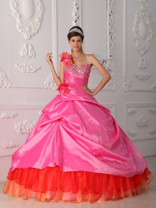 Rose Pink Ball Gown One Shoulder Floor-length Organza and Taffeta Beading and Hand Flower Quinceaner