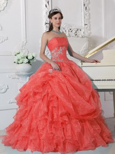 Orange Red Ball Gown Strapless Floor-length Organza Beading Quinceanera Dress