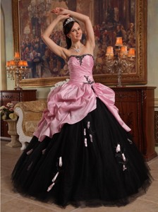 Rose Pink and Black Ball Gown Sweetheart Floor-length Hand Flowers Tulle and Taffeta Quinceanera Dre