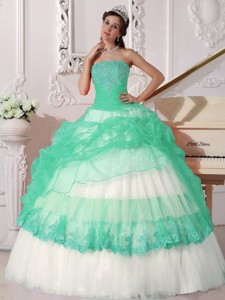Apple Green and White Ball Gown Strapless Floor-length Taffeta and Organza Appliques Quinceanera Dre