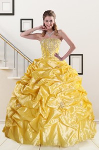 Yellow Beading Strapless Quinceanera Dress With Sweep Train