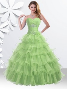 Princess Spring Green Quinceanera Gown with Beading and Ruffled Layers