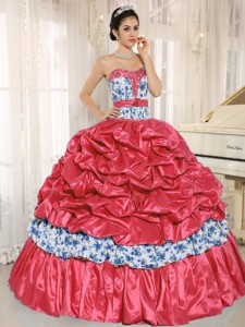 Beaded and Pick-ups For Red Quinceanera Dress Taffeta and Printing