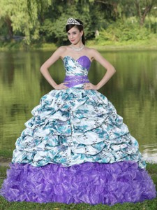 Colorful Printing And Organza Beaded Waist Pick-ups And Ruffles Brush Train Quinceanera Dress