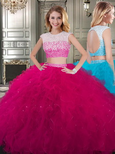 Two Piece Scoop Cap Sleeves Quinceanera Dress with Beading and Ruffles