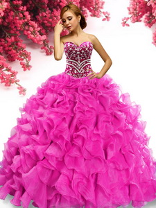 Latest Hot Pink Organza Quinceanera Dress with Beading and Ruffles