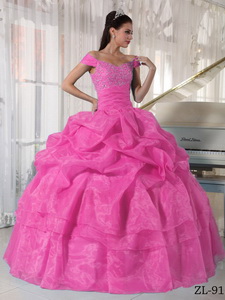 Rose Pink Ball Gown Off The Shoulder Floor-length Taffeta and Organza Beading Quinceanera Dress