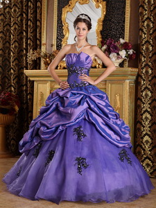 Purple Princess Strapless Floor-length Organza Appliques Quinceanera Dress