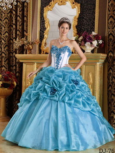Blue Sweetheart Ball Gown Floor-length Organza Hand Made Flowers Quinceanera Dress
