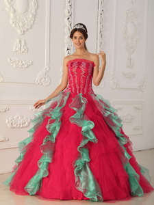 Red and Green Ball Gown Strapless Floor-length Appliques and Beading Quinceanera Dress