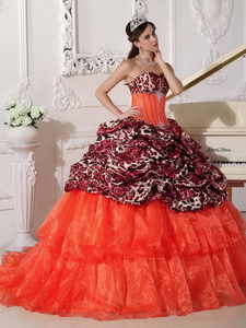 Orange Red Ball Gown Sweetheart Sweep / Brush Train Leopard and Organza Appliques Quinceanera Dress