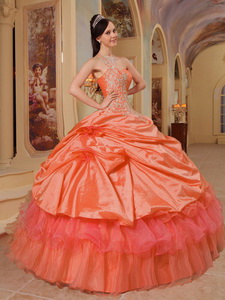 Orange Red Ball Gown One Shoulder Floor-length Taffeta Quinceanera Dress