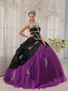 Black and Purple Ball Gown Strapless Floor-length Taffeta and Organza Apppliques Quinceanera Dress