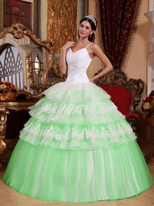 Green Ball Gown Spaghetti Straps Floor-length Organza Lace Appliques Quinceanera Dress