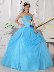 Aqua Blue Ball Gown Strapless Floor-length Taffeta and Organza Appliques and Hand Made Flower Quince