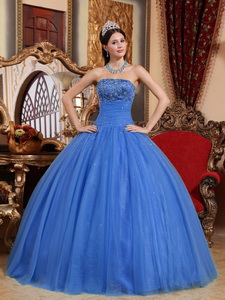 Blue Ball Gown Strapless Floor-length Tulle Embroidery with Beading Quinceanera Dress