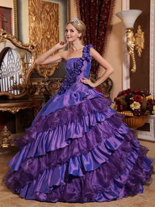 Ball GownOne Shoulder Taffeta and Organza Hand Made Flowers Quinceanera Dress