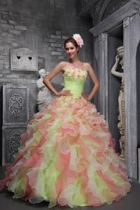 Lovely Ball Gown Strapless Floor-length Taffeta and Organza Hand Flowers Multi-color Quinceanera Dre