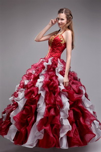 Wine Red Ball Gown Halter Floor-length Orangza Appliques and Ruffles Quinceanera Dress