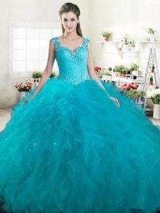 Gorgeous Straps Beaded and Ruffled Quinceanera Dress in Turquoise