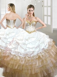Fashionable Beaded and Pick Ups Quinceanera Dress in White and Gold