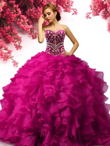 Popular Big Puffy Fuchsia Quinceanera Dress with Beading and Ruffles