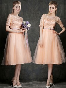 New Scoop Half Sleeves Bridesmaid Dress with Sashes and Lace