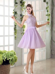High Neck Lilac A Line Lace Bridesmaid Dress Chiffon