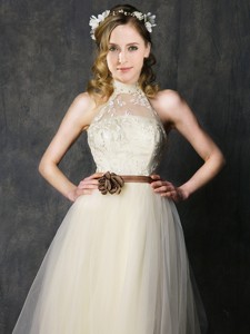 Sweet High Neck Champagne Bridesmaid Dress with Hand Made Flowers and Lace