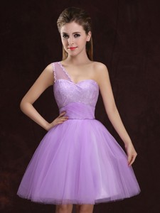 Affordable One Shoulder Tulle Short Dama Dress with Lace