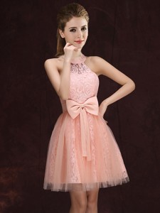 Elegant See Through Halter Top Bowknot and Laced Short Dama Dress