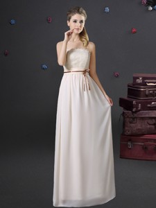 Pretty Off White Chiffon Strapless Dama Dress with Lace and Belt