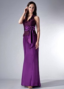Custom Made Eggplant Purple Cloumn Halter Bridesmaid Dress Bow Brush Train Elastic Woven Satin and C