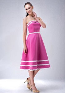 Hot Pink And White Princess Straplesstea-length Satin Bridesmaid Dress