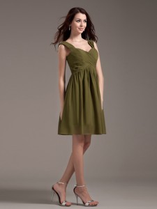 Straps Knee-length Olive Green Chiffon Dama Dress
