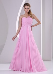 Pink One Shoulder Pleat Chiffon Empire Brush Train Bridesmaid Dress For Wedding Party