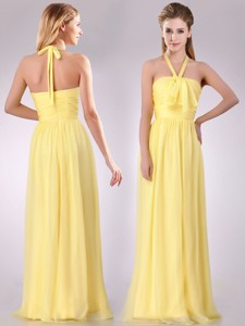 Lovely Halter Top Chiffon Ruched Long Dama Dress In Yellow