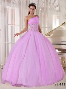 Pink Ball Gown One Shoulder Floor-length Tulle Beading Quinceanera Dress