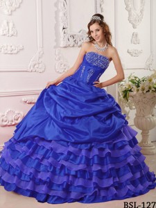 Royal Blue Ball Gown Strapless Floor-length Taffeta Beading Quinceanera Dress