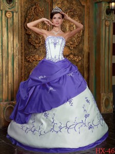 Strapless Floor-length Embroidery Quinceanera Dress in Purple and White