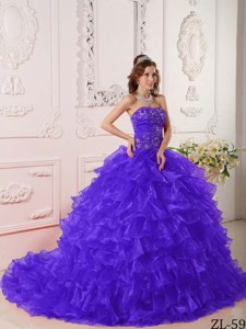 Purple Ball Gown Strapless Floor-length Organza Ruffles And Embroidery Quinceanera Dress