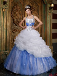 White And Baby Blue Princess Halter Floor-length Beading Quinceanera Dress