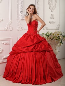Exclusive Ball Gown Sweetheart Floor-length Beading Taffeta Red Quinceanera Dress