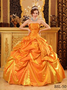 Popular Ball Gown Strapless Floor-length Taffeta Handle Flowers Orange Quinceanera Dress