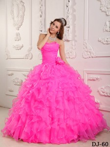 Romantic Ball Gown Sweetheart Floor-length Organza Beading Hot Pink Quinceanera Dress