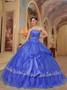 Blue Ball Gown Strapless Floor-length Bows Sequins and Organza Quinceanera Dress