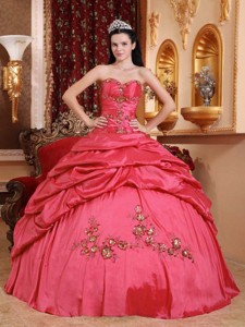 Coral Red Ball Gown Sweetheart Floor-length Taffeta Appliques Quinceanera Dress