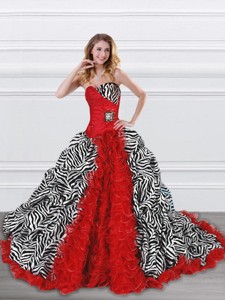 Latest Beaded and Ruffled Red and Zebra Quinceanera Dress with Brush Train